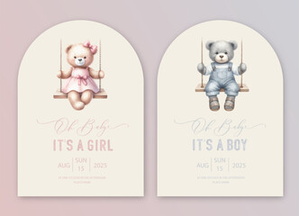 Cute baby shower watercolor invitation card for baby and kids new born celebration. Its a girl, Its a boy card with plush toy teddy bear rides on a swing.