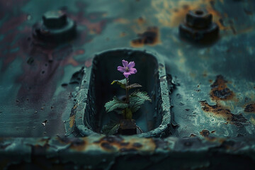 Imagine a close-up shot of a small flower plant growing in the crevices of a derelict spacecraft drifting through the void of space, a beacon of life in the darkness - obrazy, fototapety, plakaty