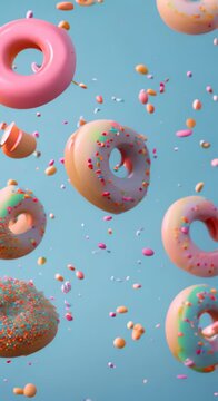Various donuts with icing and sprinkles suspended in air on blue background