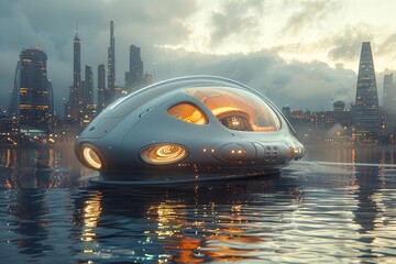 Futuristic city waters traversed by advanced aquatic vessels