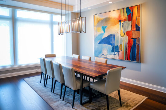 A dining room featuring a large painting hanging on the wall, adding a focal point to the space