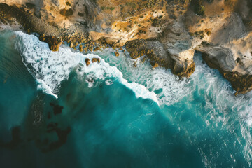 Ocean waves crashing against rugged cliffs in an aerial perspective