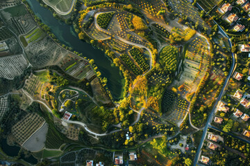 Overview of park with trees, paths, and greenery from above