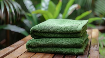 Stack of Green Towels on Wooden Table