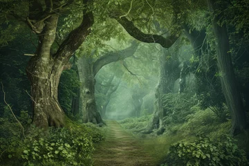 Tafelkleed A painting depicting a path cutting through a dense forest with tall trees and dappled sunlight © koala studio