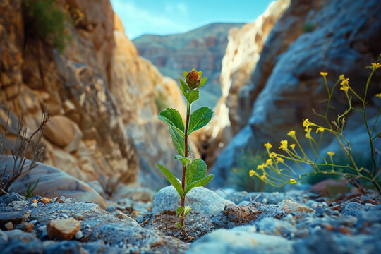Imagine a close-up view of a tiny flower emerging from the crevice of a barren desert canyon, symbolizing resilience in harsh conditions 