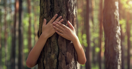 A person hugging a tree, concept of loving and protecting the environment and nature