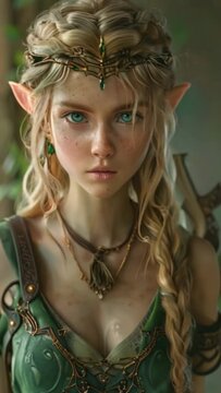 Blonde elf girl with green eyes and pointed ears. Mystical creature from fairy tale, portrait. Close-up face of attractive young woman. Magic forest background. Mythical female pixie. Fairy costume.