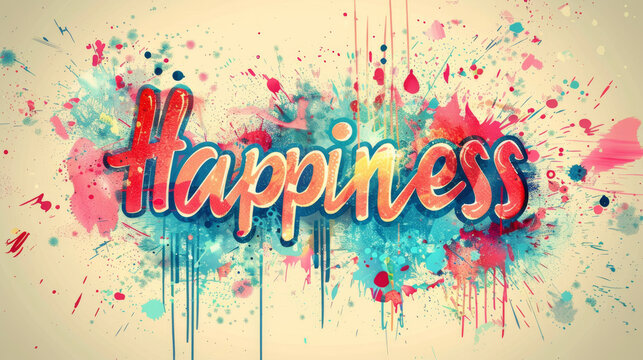 A single-colored background displays the word "Happiness" in bold letters.