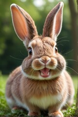 happy cartoon 3d brown rabbit on grass