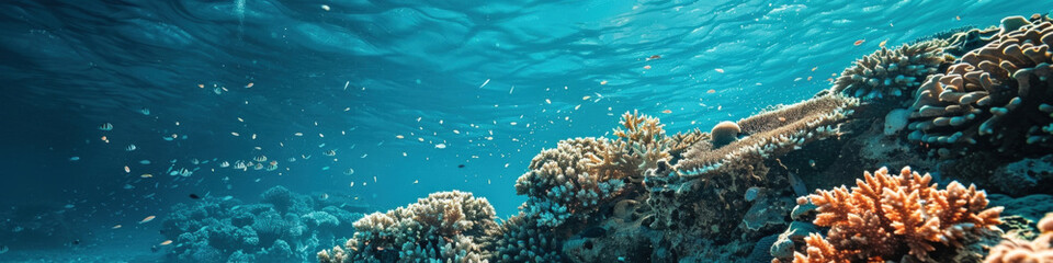 The image showcases a thriving coral reef ecosystem teeming with various species of fish and marine life. Colorful corals create a rich and diverse underwater landscape - obrazy, fototapety, plakaty