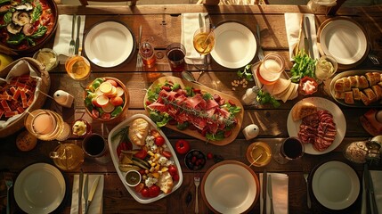 A beautifully arranged table of food and beverages with ample copy space, shot in HD quality with a