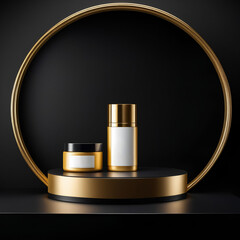 round podium in golden color with a tube of cosmetics and a jar of cream without labels on a black background