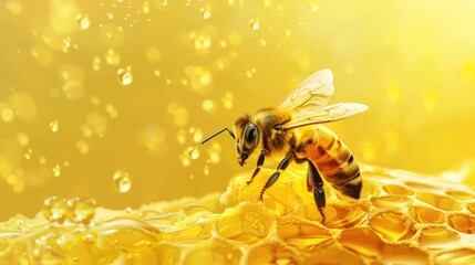 Close up view of the working bee on honeycells. Honey background - obrazy, fototapety, plakaty
