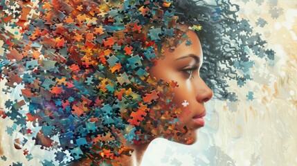 Close up portrait of a beautiful african american woman combined with puzzle pieces