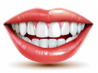 Digital illustration of a perfect smile with red lips and white teeth for dental health awareness, cosmetic dentistry, with shadow on white background