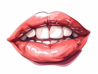 Digital illustration of glossy red lips and white teeth, dental care and cosmetic dentistry advertising, isolated on white background