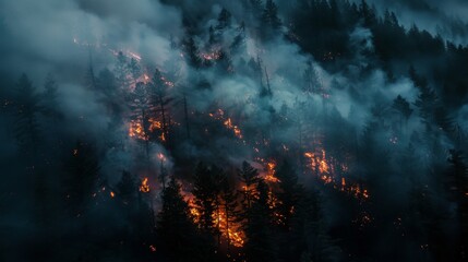 Dense forest engulfed in a wildfire at night - obrazy, fototapety, plakaty