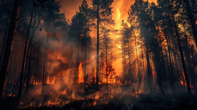 Forest fire. Burning pine trees in the forest. Conceptual image