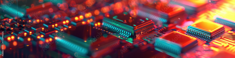 Poster macro perspective of a colorful electronic circuit board with glowing red lights