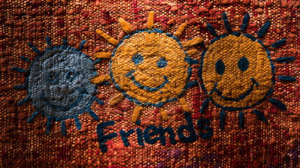 A single-colored background displays the word "Friends" in bold, black font. The image exudes a sense of camaraderie and companionship.