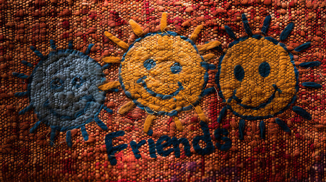 A single-colored background displays the word "Friends" in bold, black font. The image exudes a sense of camaraderie and companionship.
