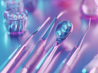 Close-up of dental instruments with colorful bokeh background, quality dental tools