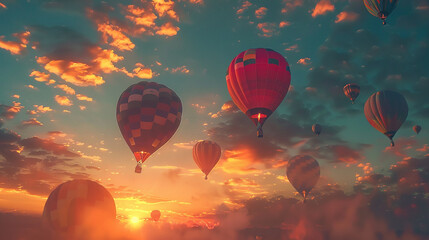 A colorful array of hot air balloons ascending into the sky, their vibrant hues painting a surreal masterpiece against the backdrop of a fiery sunset. - Powered by Adobe