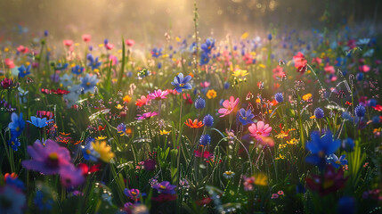 A colorful array of wildflowers carpeting a rolling meadow, their petals glistening with morning dew in the first light of dawn. - obrazy, fototapety, plakaty