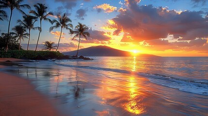 Fototapeta na wymiar Sunrise at a Tropical Beach: A serene image of a tranquil beach at sunrise, featuring gentle waves, palm trees, and a colorful sky, perfect for relaxation themes.