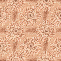 Seamless pattern monochrome from chrysanthemum with leaves on beige background. Hand drawn watercolor illustration brown color. Garden flowers. Template for wallpaper, scrapbooking, wrapping, textile.