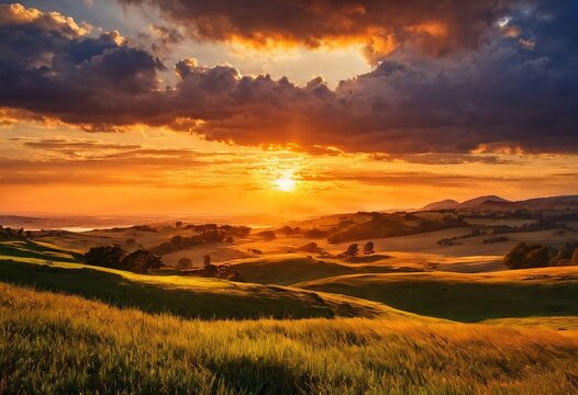 Beautiful sunset against a cloudy sky and the countryside