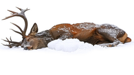 Obraz premium A deer laying down in the snow, surrounded by a winter landscape