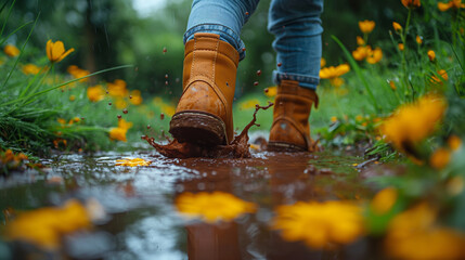 Fototapeta premium Children in rubber boots paddling through a puddle.