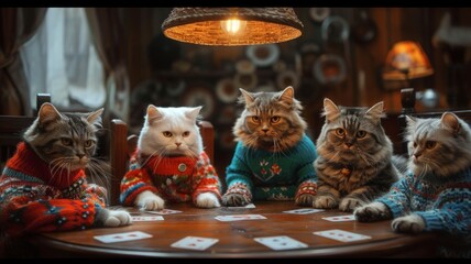 Persian Cats Playing Cards in Cozy Vintage Room

