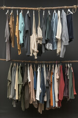 Various garments neatly arranged on a clothes line outdoors