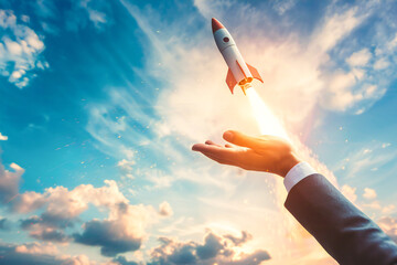 A businessman launches a rocket from his hand into the sky for a business takeoff