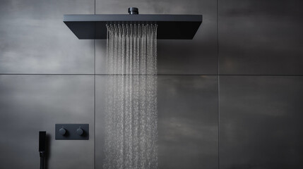 Zoom sur un pommeau de douche allumé, dans une douche au carrelage gris anthracite. Eau chaude qui coule, jet, goutte d'eau, buée. Salle de bain, salle d'eau. Architecture moderne et contemporain.  - obrazy, fototapety, plakaty