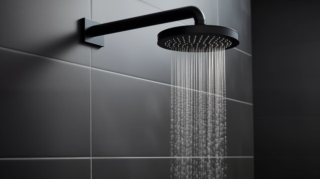 Zoom sur un pommeau de douche allum&eacute;, dans une douche au carrelage gris anthracite. Eau chaude qui coule, jet, goutte d'eau, bu&eacute;e. Salle de bain, salle d'eau. Architecture moderne et contemporain. 