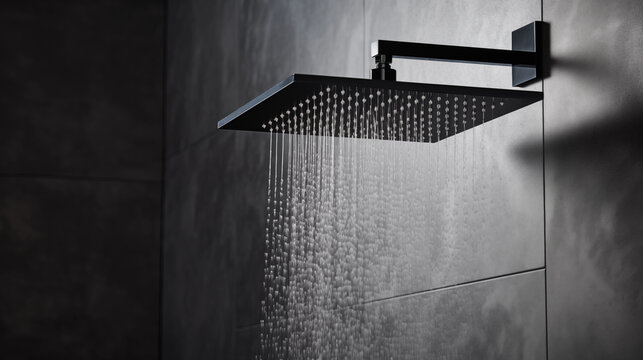 Zoom sur un pommeau de douche allum&eacute;, dans une douche au carrelage gris anthracite. Eau chaude qui coule, jet, goutte d'eau, bu&eacute;e. Salle de bain, salle d'eau. Architecture moderne et contemporain. 
