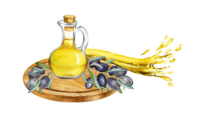 watercolor food composition with yellow olive oil in a glass bottle, brunch of olives on wooden cutting board, jet, stream of fresh oil, food illustration isolated white background - obrazy, fototapety, plakaty