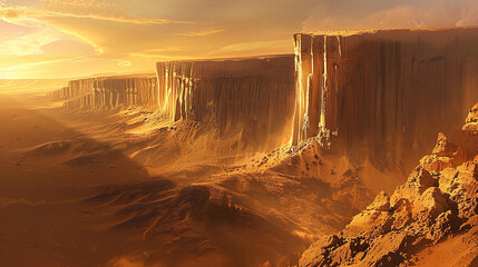 A majestic mesa rising dramatically from the desert floor, its rugged cliffs casting long shadows...