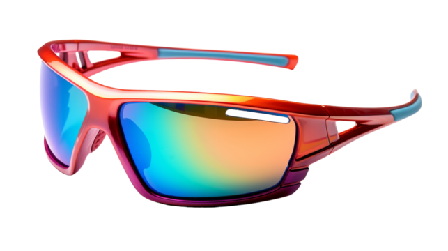 A pair of sunglasses with a red frame and blue mirror lens reflecting the sky