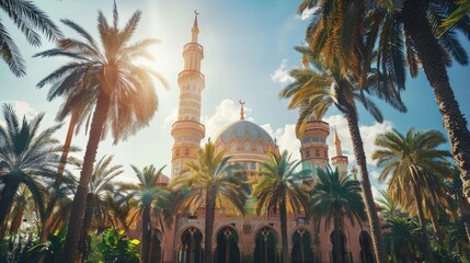 Traditional islamic mosque among the palm trees in sunny weather.
