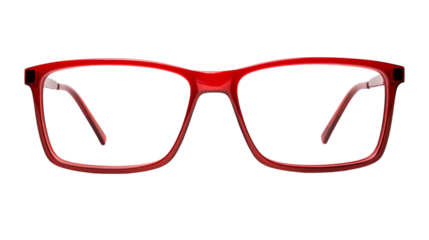 A vibrant pair of red glasses resting on a clean white background