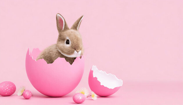easter bunny with pink egg. Cute Easter bunny hatching from a pink Easter egg on a pink background