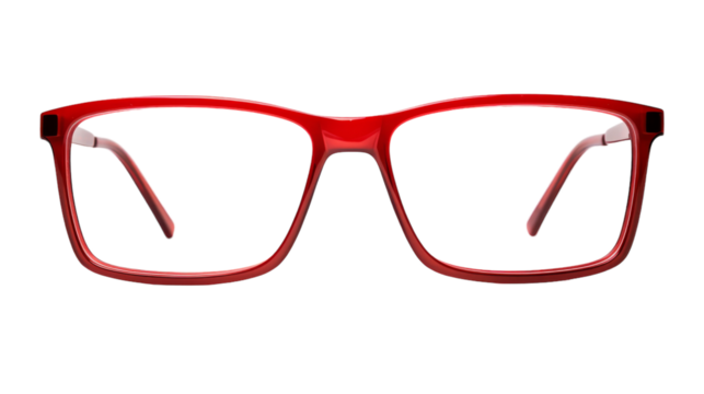 A vibrant pair of red glasses resting on a clean white background