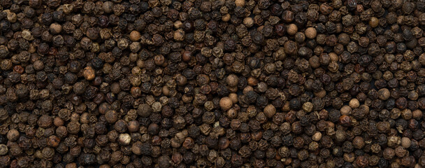 Black pepper background, peppercorns texture top view