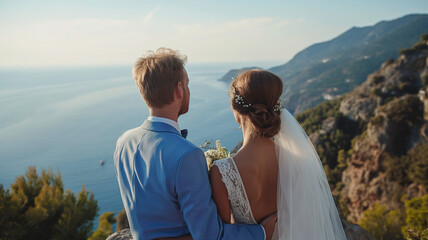 The bride and groom stand on a cliff against the backdrop of the sea