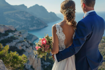 The bride and groom stand on a cliff against the backdrop of the sea